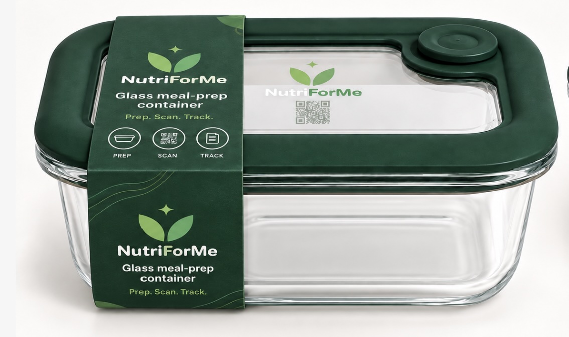NutriForMe glass container with branded packaging band
