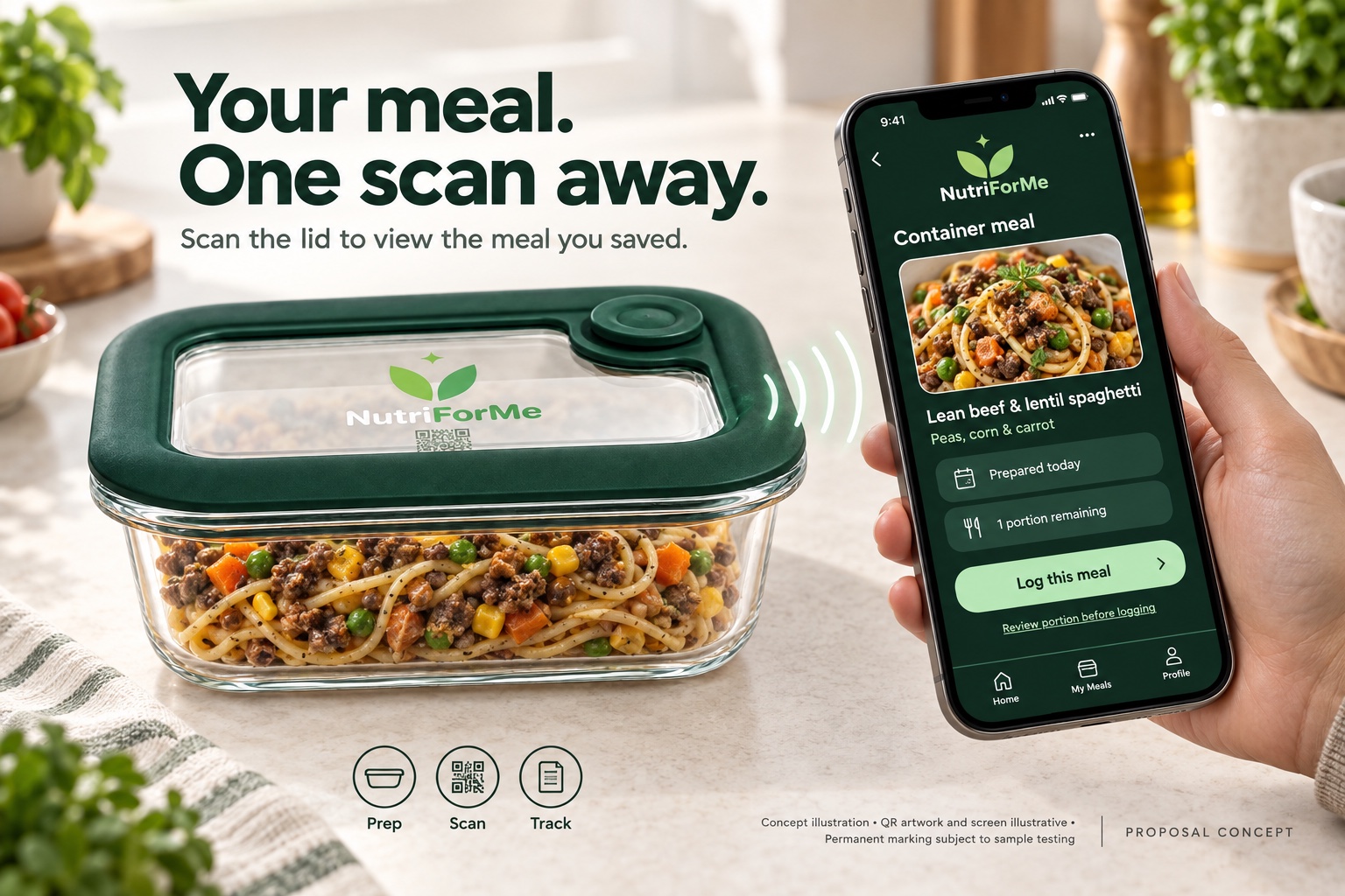 Illustration of scanning a NutriForMe container lid to review its saved meal in the app