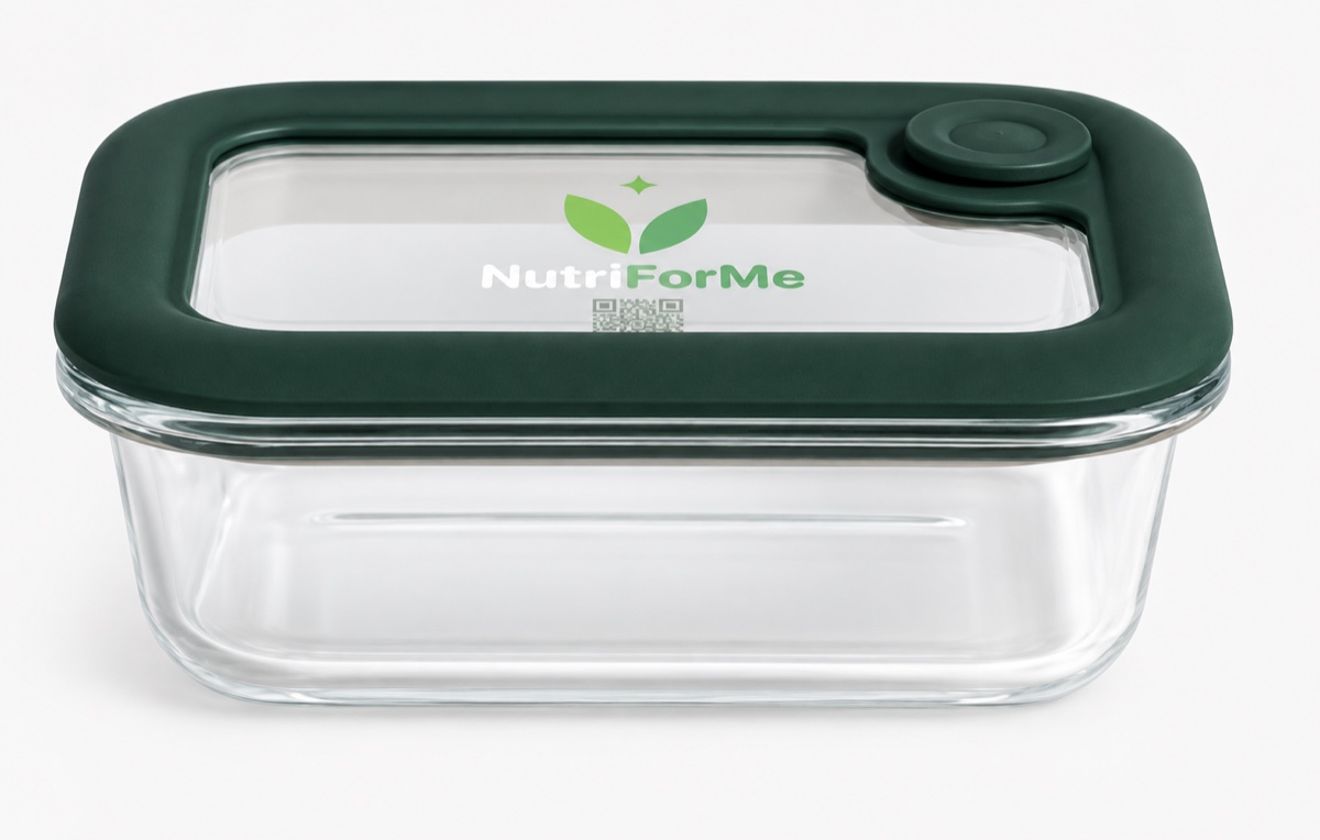 NutriForMe glass container with dark green lid, glass window, vent and branded QR marking