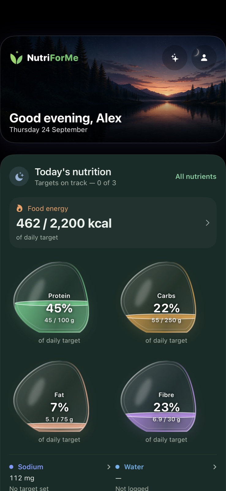Glass-style nutrition display showing logged demo meal nutrition