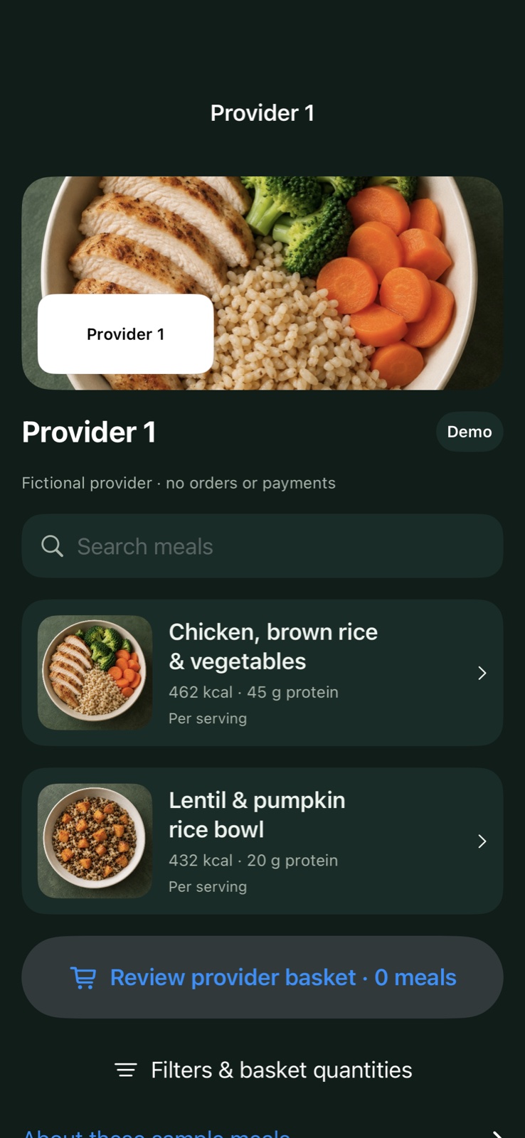 Provider 1 sample meals with photos and nutrition