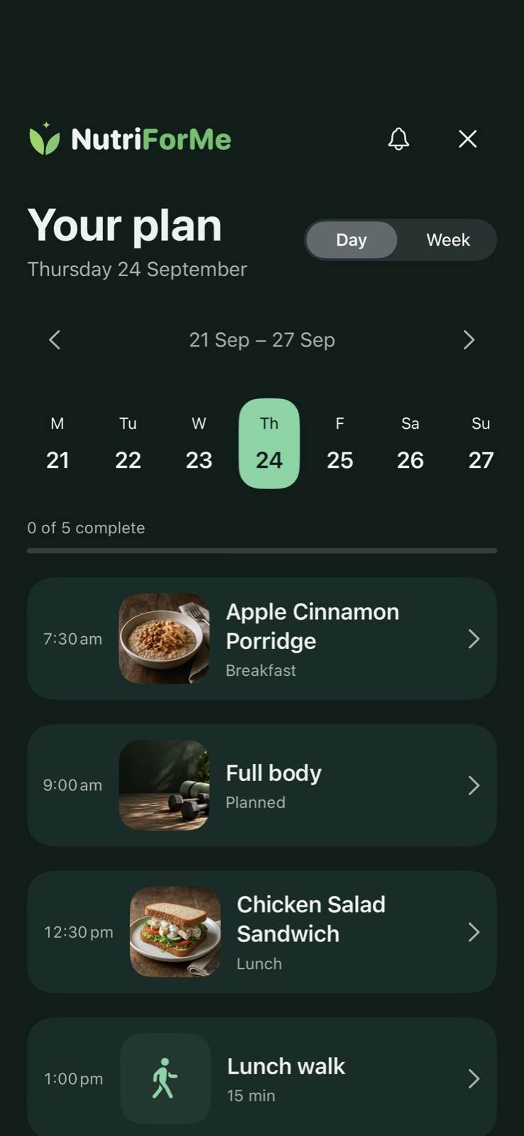 NutriForMe your day — native app preview with sample data