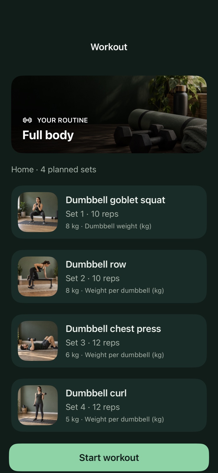 Sample workout routine with exercise images and planned sets