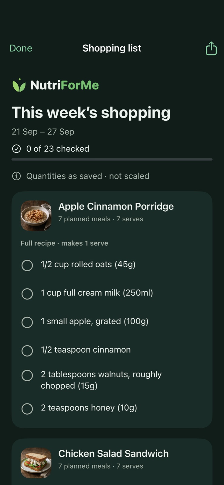 NutriForMe shopping & prep — native app preview with sample data